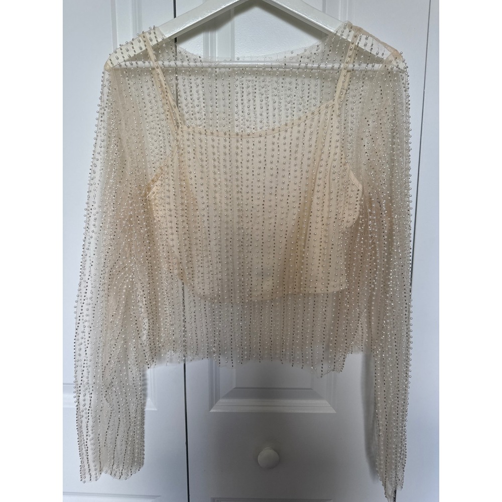 Altar'd State Cream Pearl Embellished Mesh Top and Cami Set XL NEW